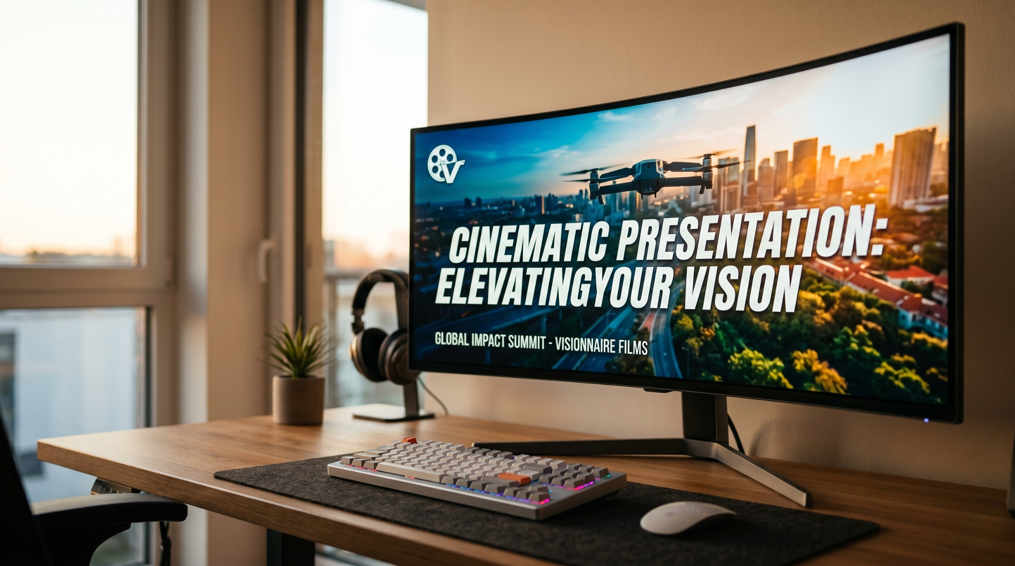 Premium monitor displaying a colorful, professional video presentation
