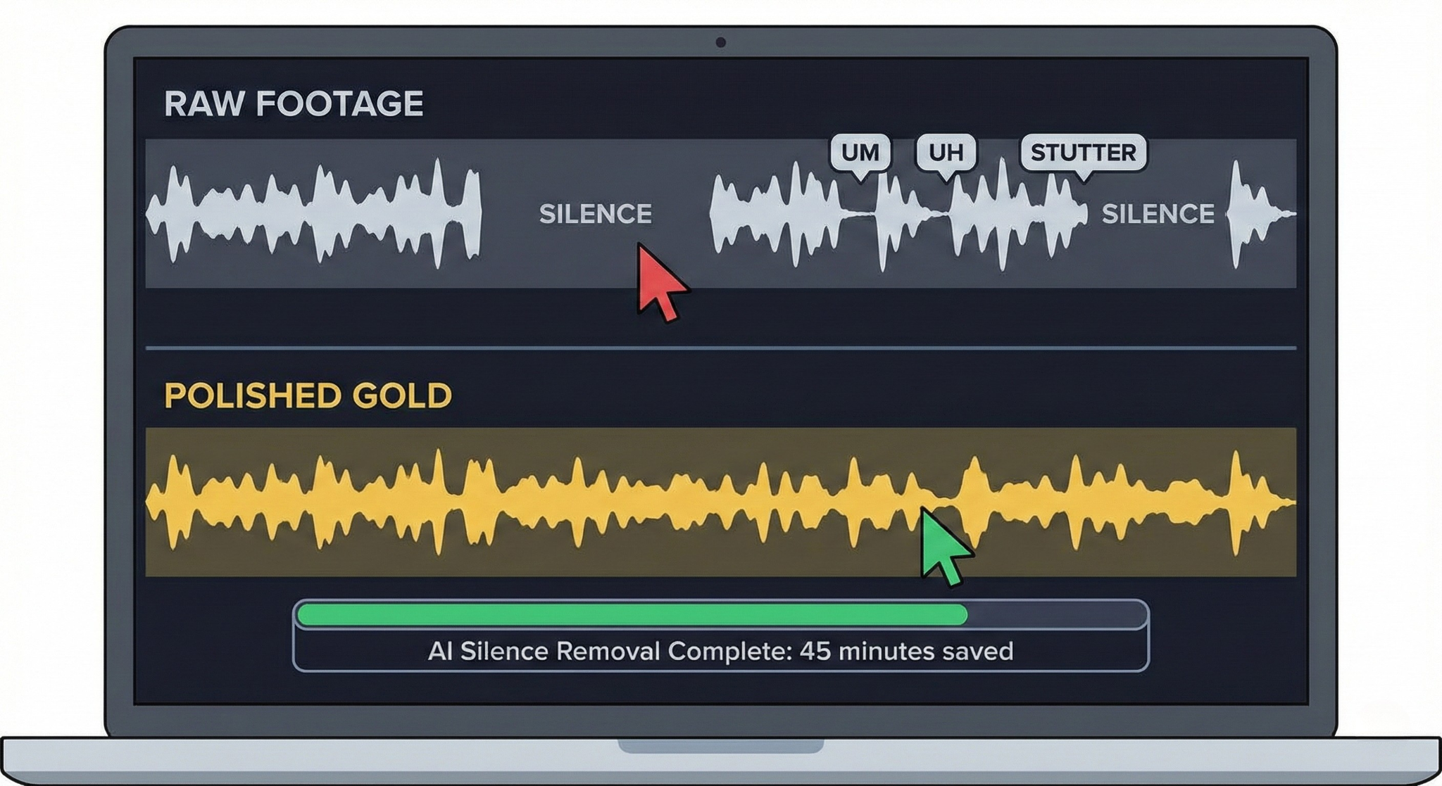 An AI video editor interface demonstrating how to remove silence from video and automatically detect filler words.