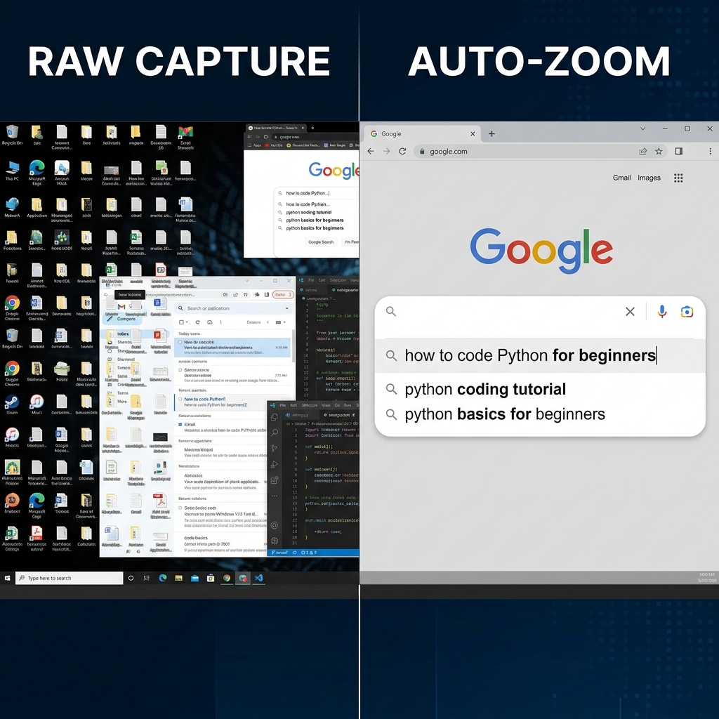 A side-by-side comparison between raw capture and auto-zoom logic