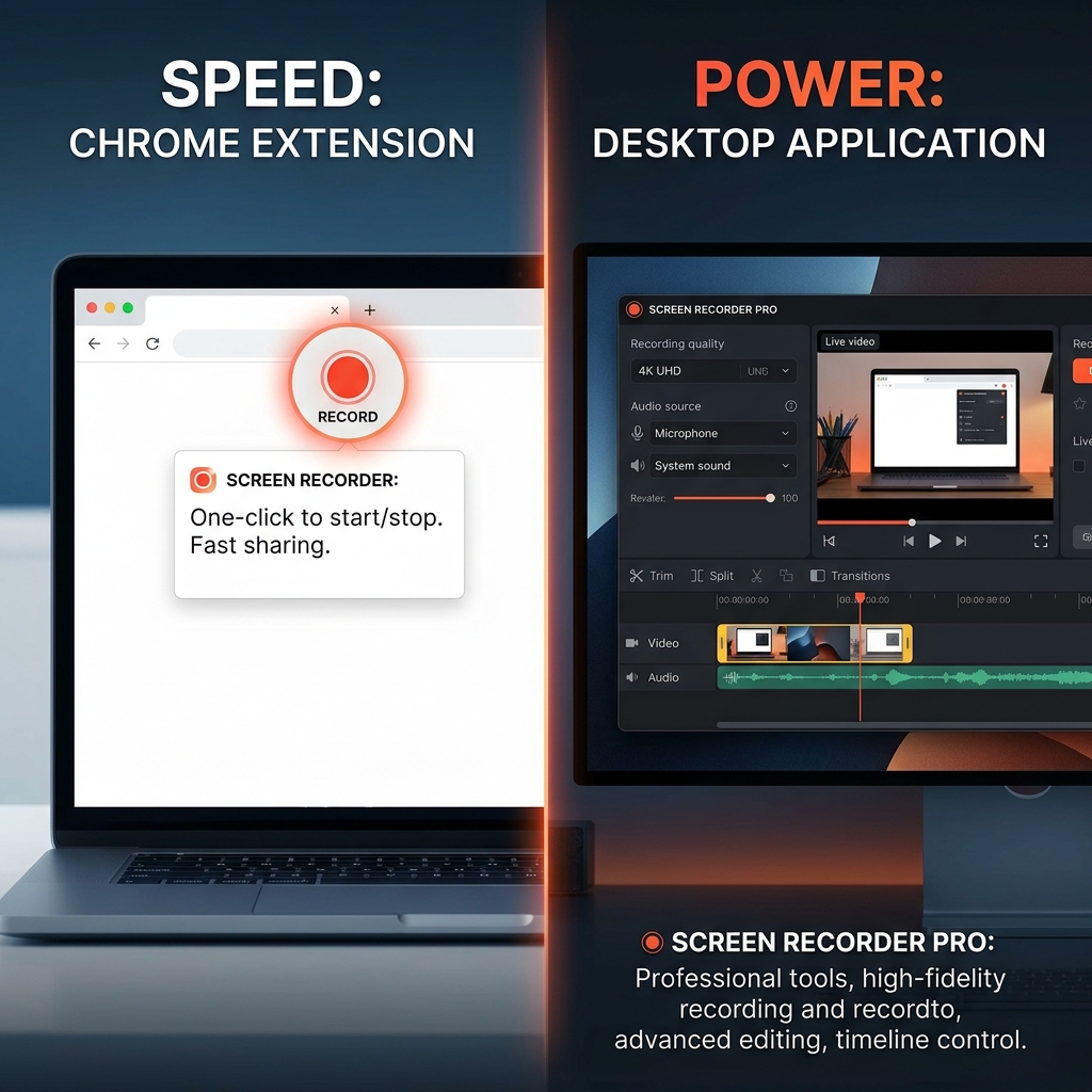 A visual comparison between a Chrome extension and a feature-rich desktop screen recorder