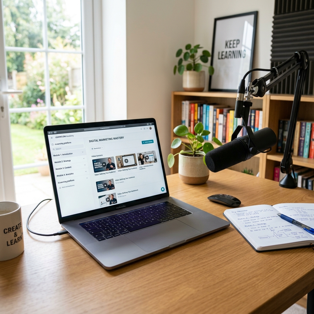 A clean desk setup with a laptop displaying an organized online course dashboard