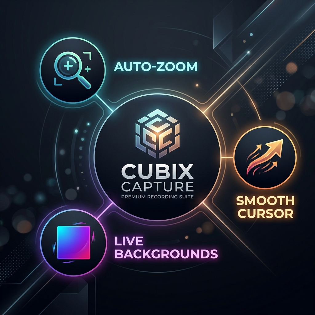 Stylized graphic showing Auto-Zoom, Smooth Cursor, and Live Backgrounds as the core of Cubix Capture