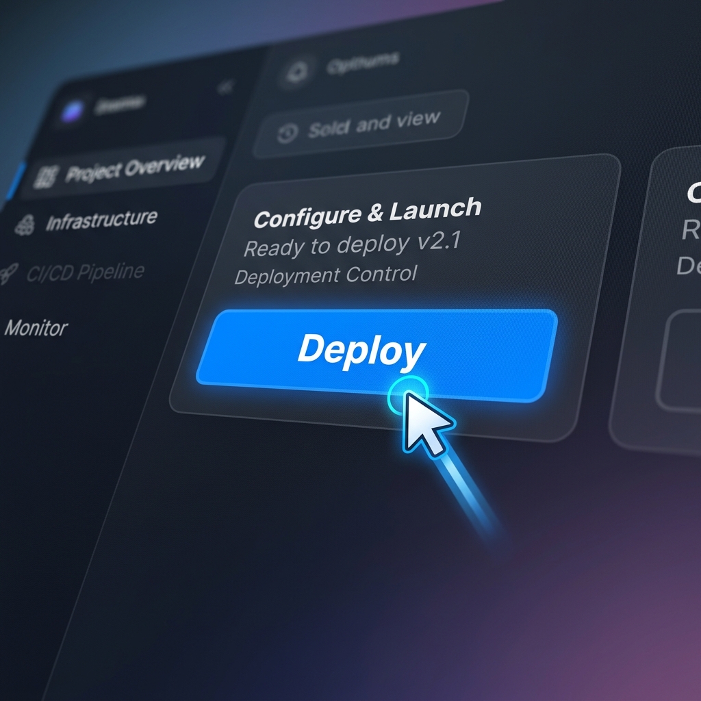 Close-up of a modern software interface with a smooth mouse cursor pointing at a 'Deploy' button