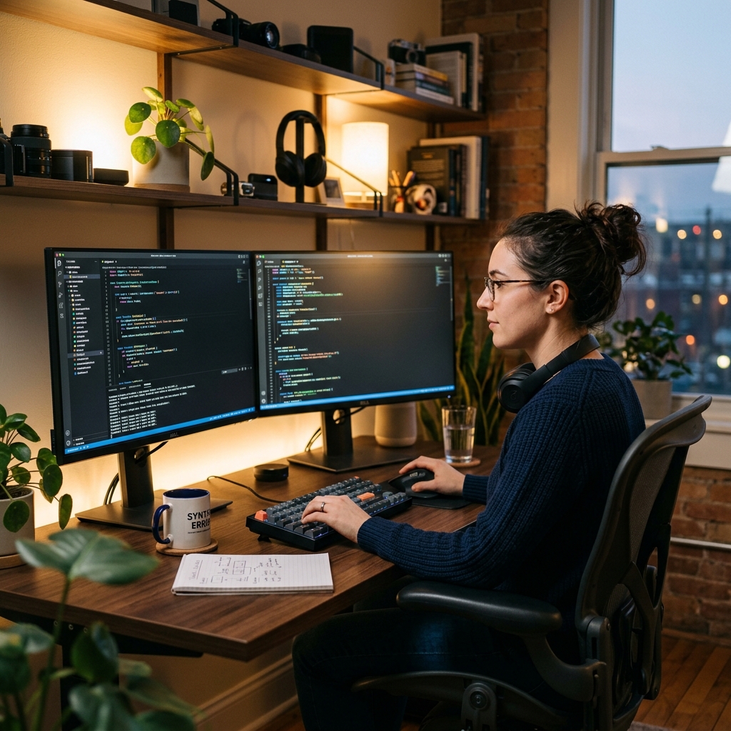 A focused developer working in a dark-mode IDE on a dual-monitor setup