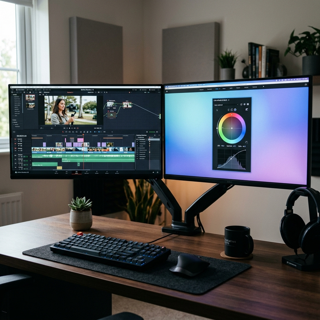 A modern desk setup with a dual-monitor workstation showing a video editing timeline and a zoomed-in tutorial