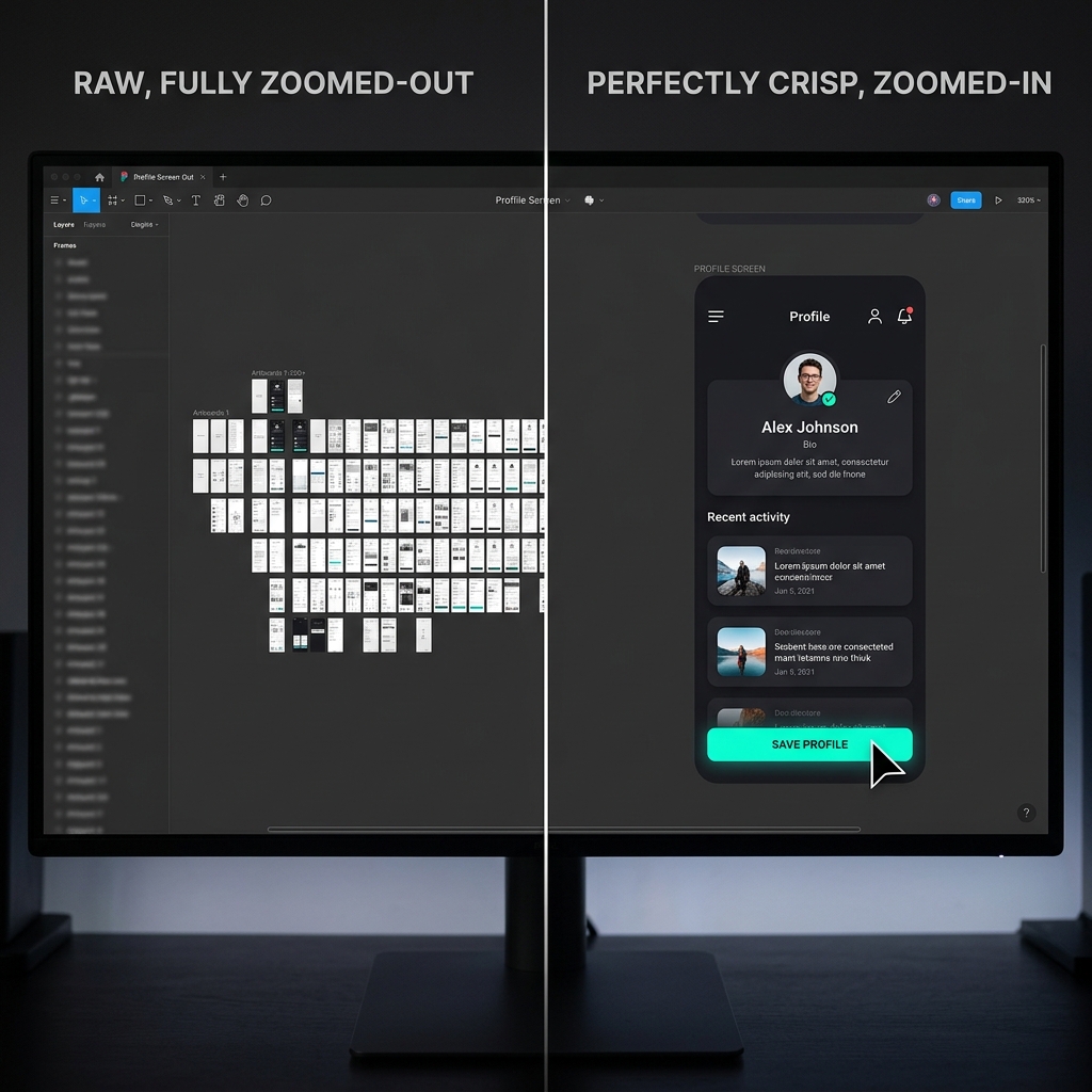 A split-screen comparison showing raw Figma capture vs a perfectly zoomed-in, focused UI prototype walkthrough