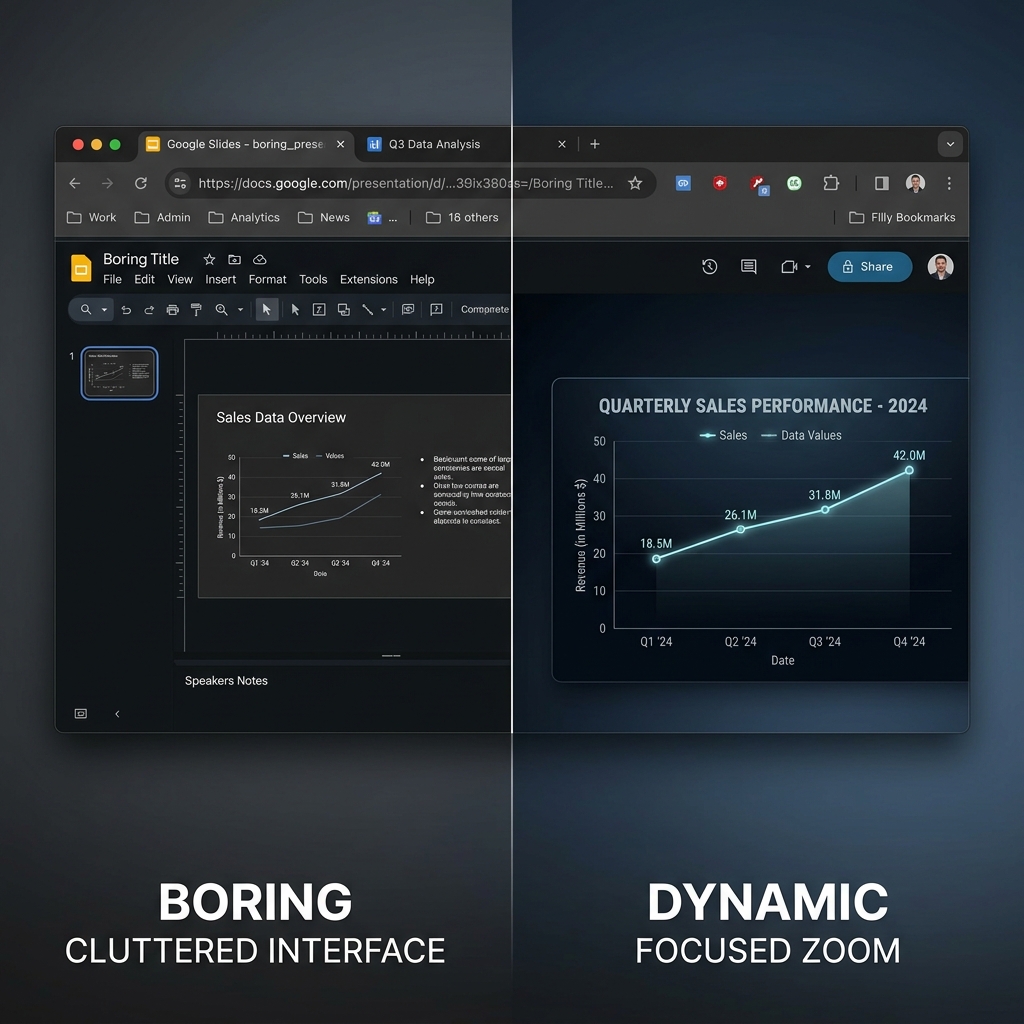 A split-screen comparison showing a static, cluttered slideshow recording vs a dynamic, zoomed-in studio presentation