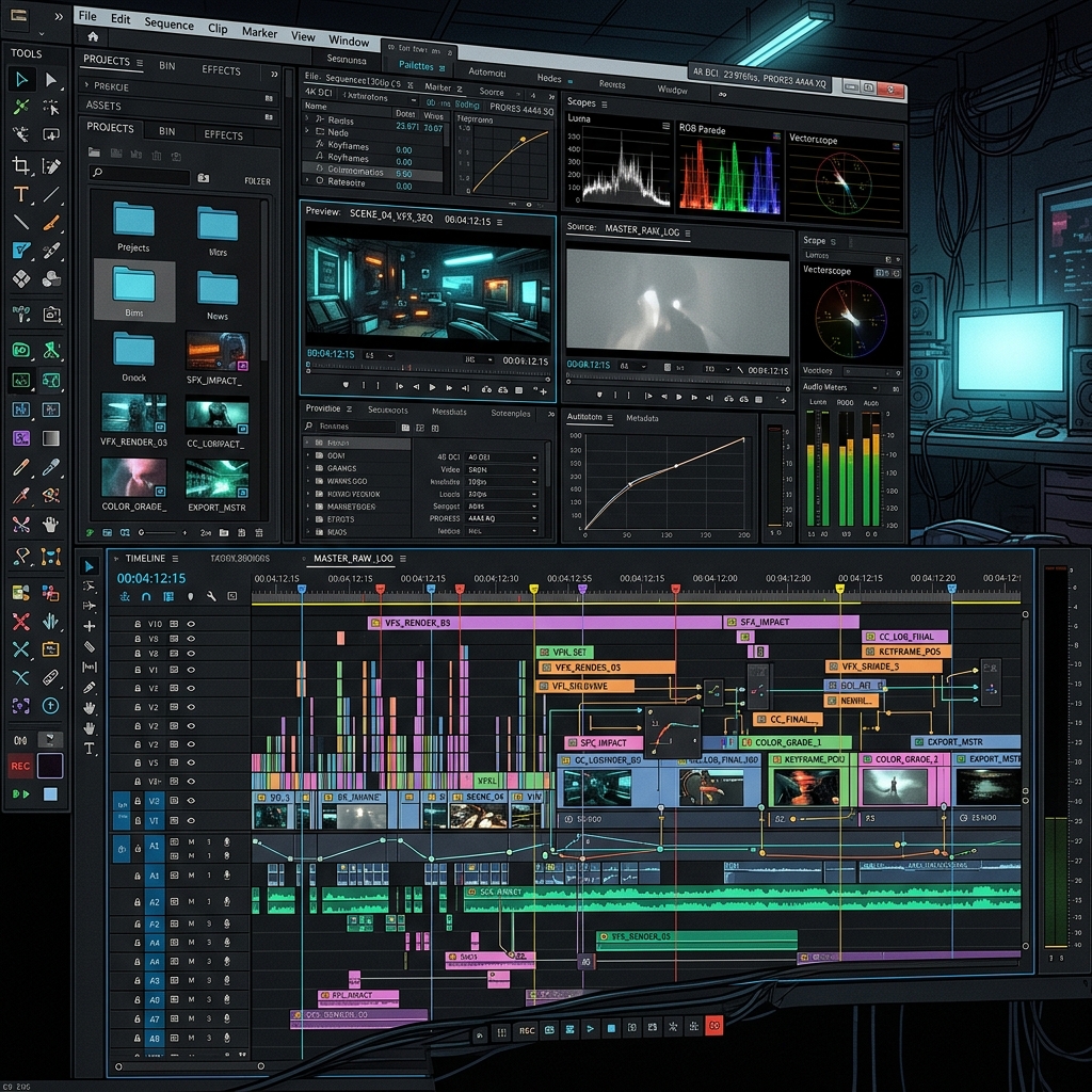 A stylized representation of a heavy editing interface with many toolbars