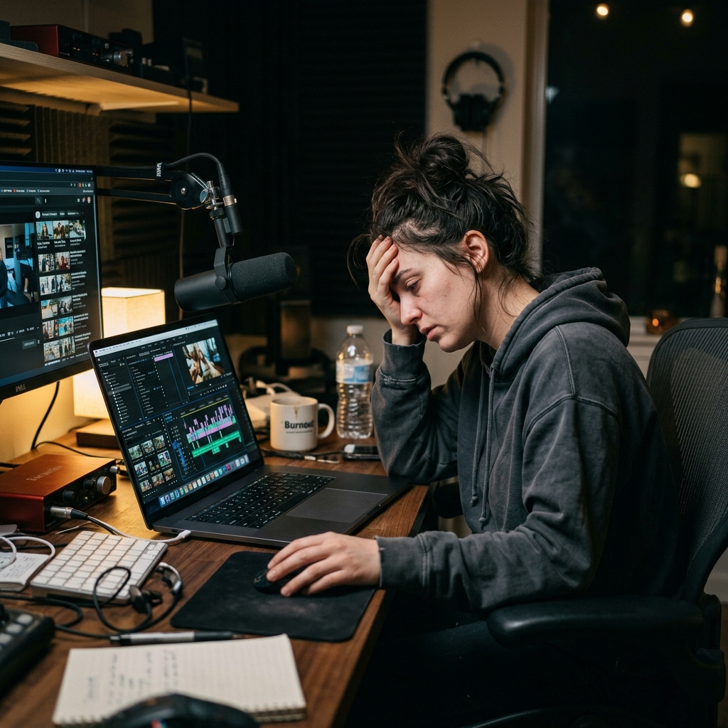 A person looking exhausted while staring at a complex video editing timeline on a MacBook