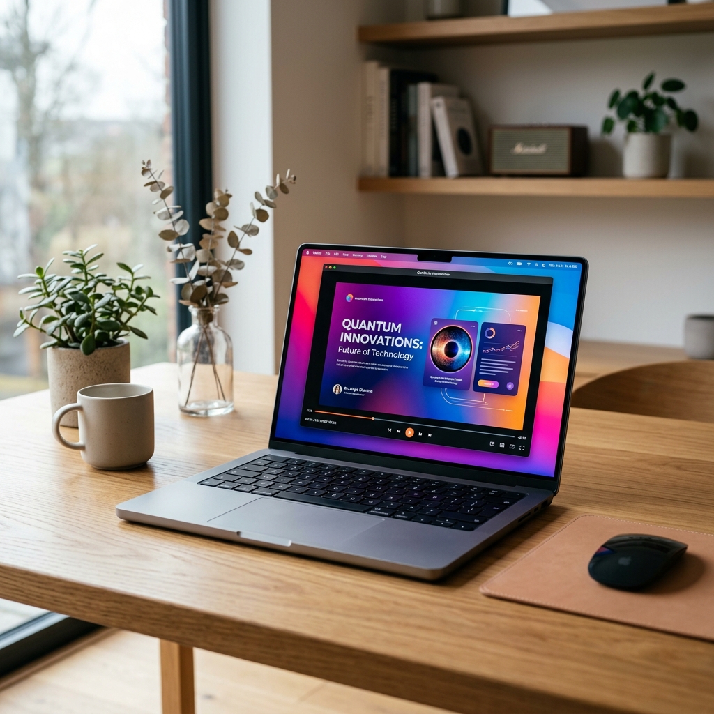 A premium MacBook Pro desk setup with a colorful video presentation