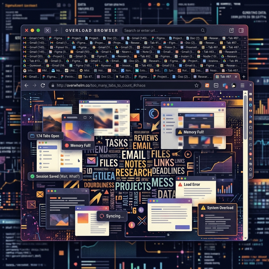 A stylized representation of the limitations of messy browser tabs