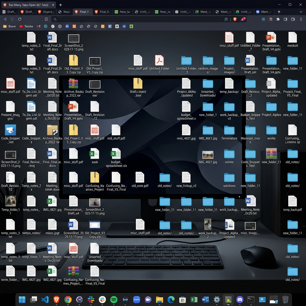 A close-up graphic showing digital desktop clutter, symbolizing lack of preparation