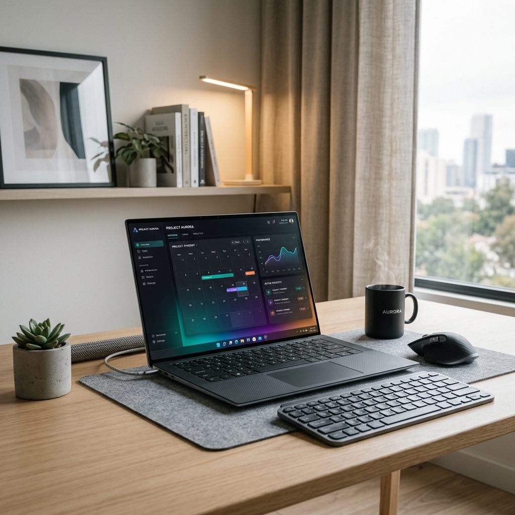A modern, clean desk with a Windows laptop displaying a sleek software interface