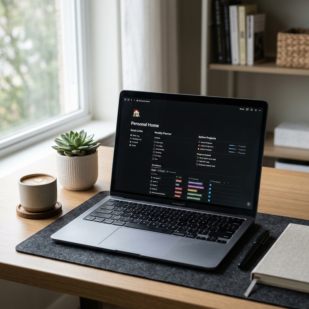 A minimalist desk setup featuring a clean Notion dashboard, matching the calm productivity vibe