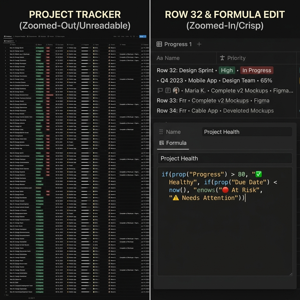 A split-screen comparison showing raw Notion capture vs a perfectly zoomed-in, readable Notion block tutorial