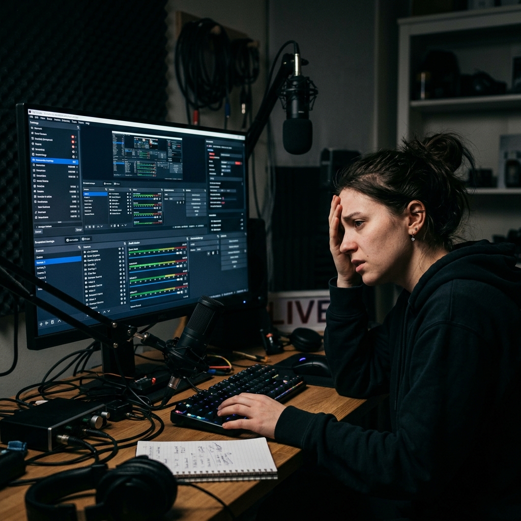 A person looking overwhelmed in front of a complicated, dark software interface filled with audio mixers and panels