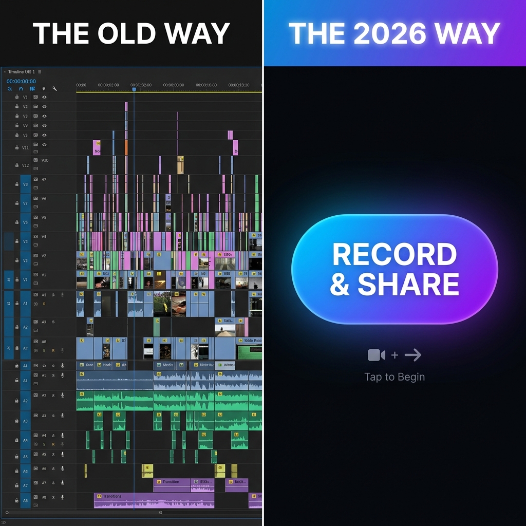 A comparison between a messy editing timeline and a single record-and-share button