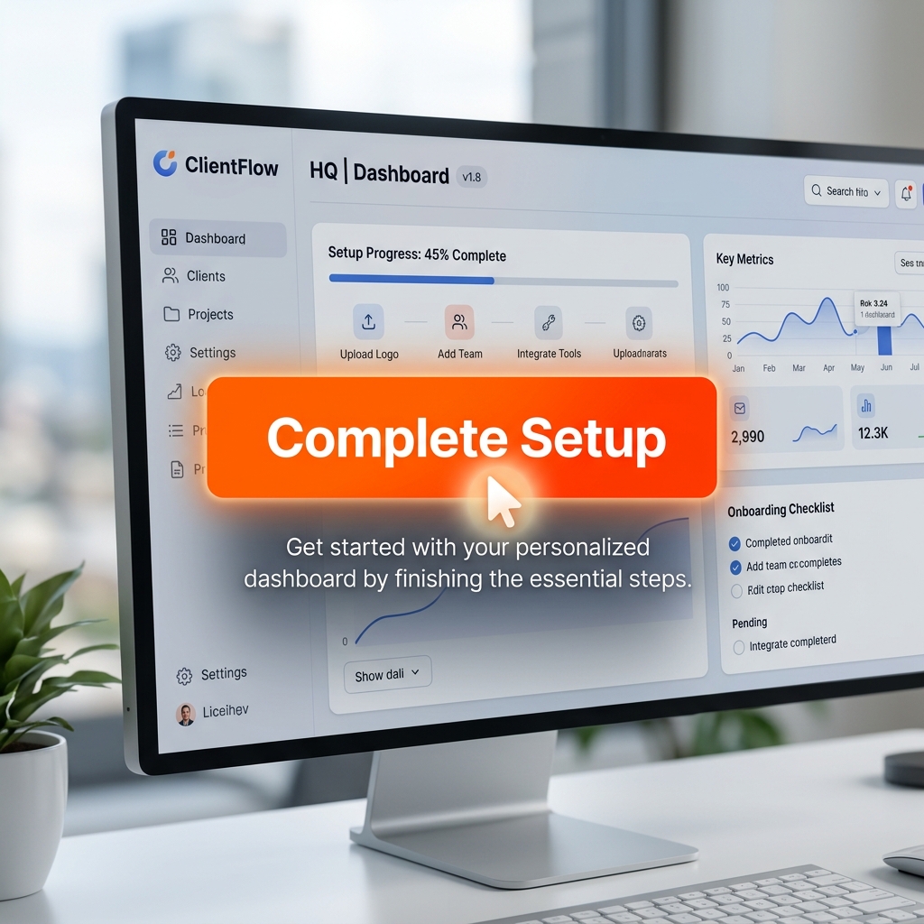 Close-up of a clean software dashboard with a smooth cursor pointing at a 'Complete Setup' button