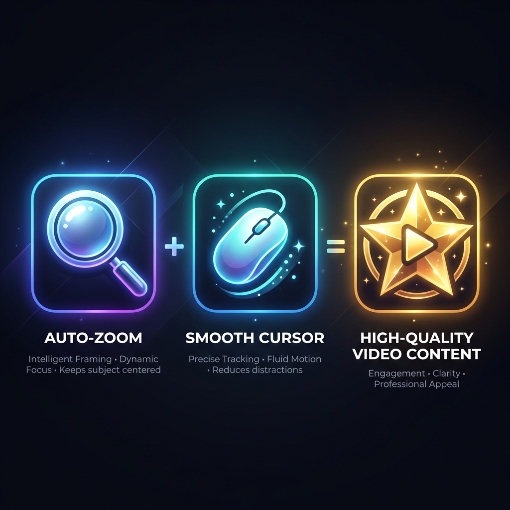 A visual infographic showing how Auto-Zoom and Smooth Cursor combine to create premium video content