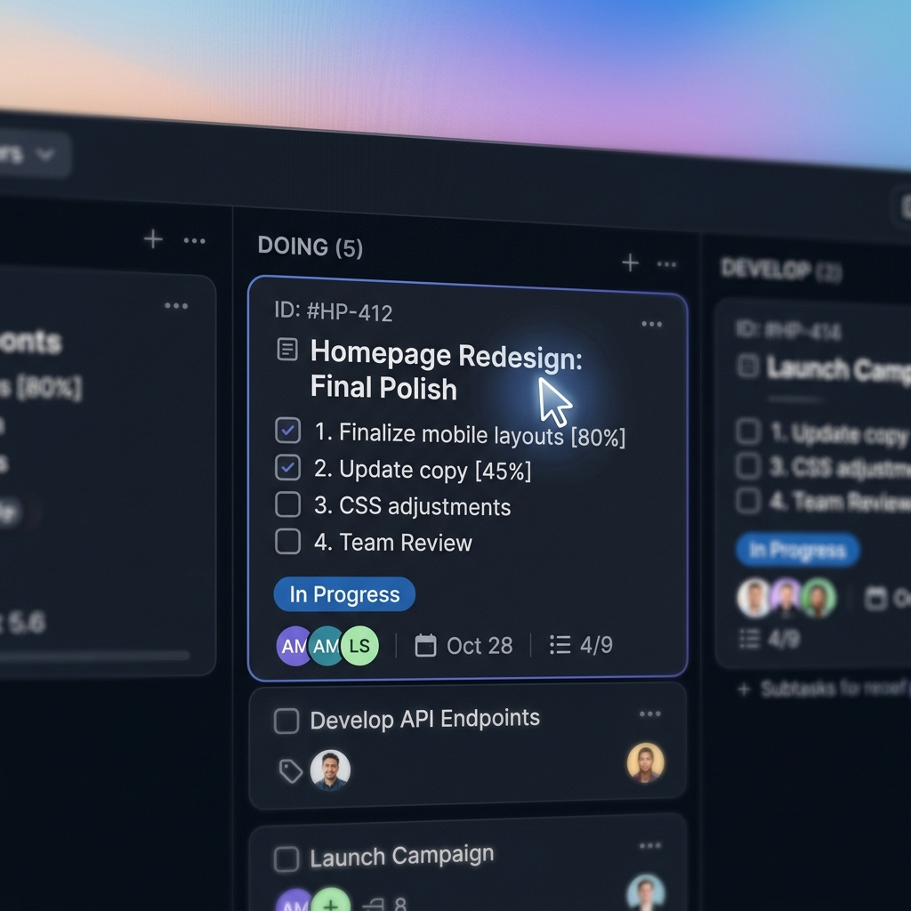 A tightly zoomed-in software interface with a smooth mouse cursor pointing at a specific task card