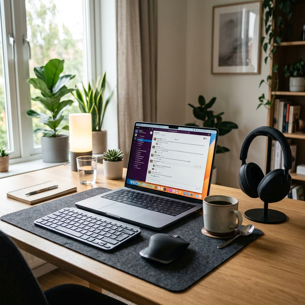 A clean home-office desk setup with a laptop showing a professional team communication app