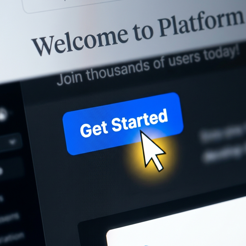 A close-up of a screen with a clear, highlighted mouse cursor hovering over a Get Started button