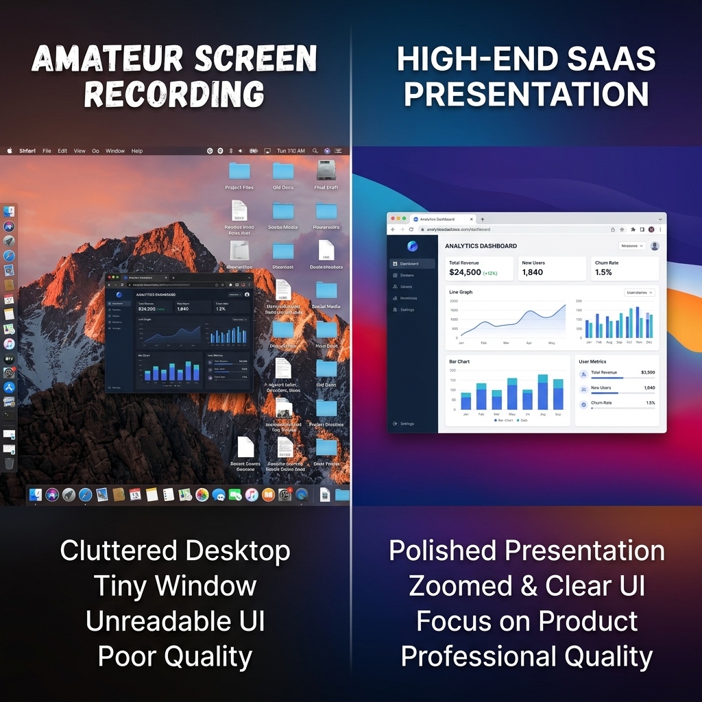 A side-by-side comparison between a raw, cluttered recording and a clean, zoomed-in professional SaaS presentation