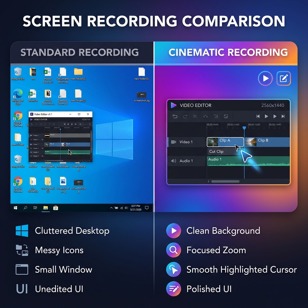Side-by-side comparison of a standard cluttered Windows recording vs a clean cinematic recording