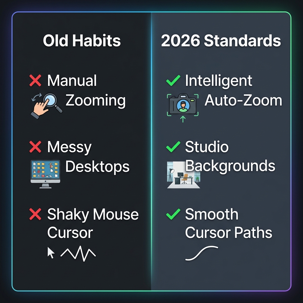 An infographic comparing old screen recording habits to the 2026 standards