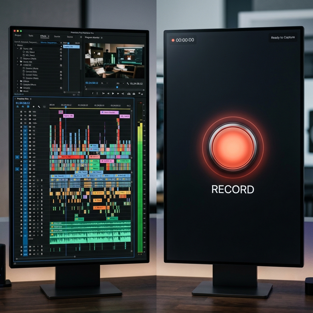 A contrast between the overwhelming complexity of manual editing and the simplicity of a record button