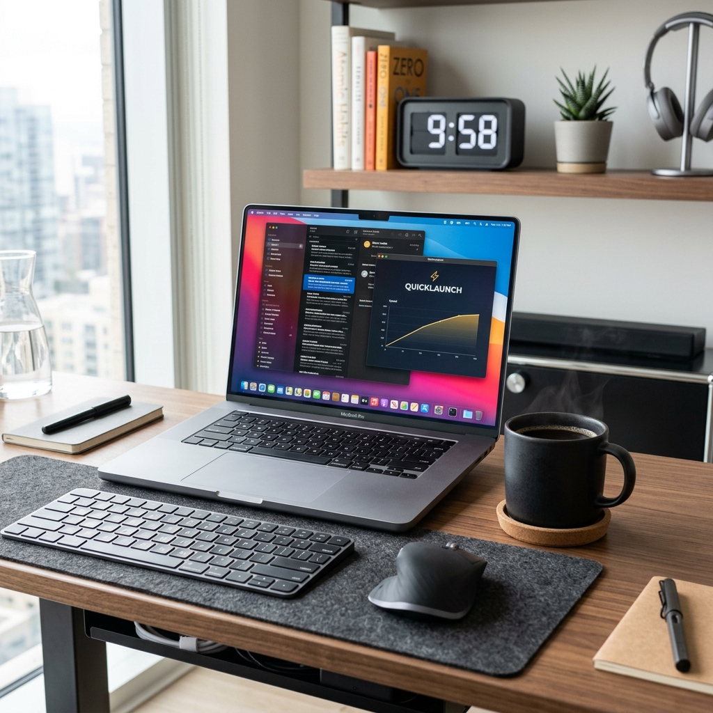 Modern desk setup with laptop, coffee, and a timer visible