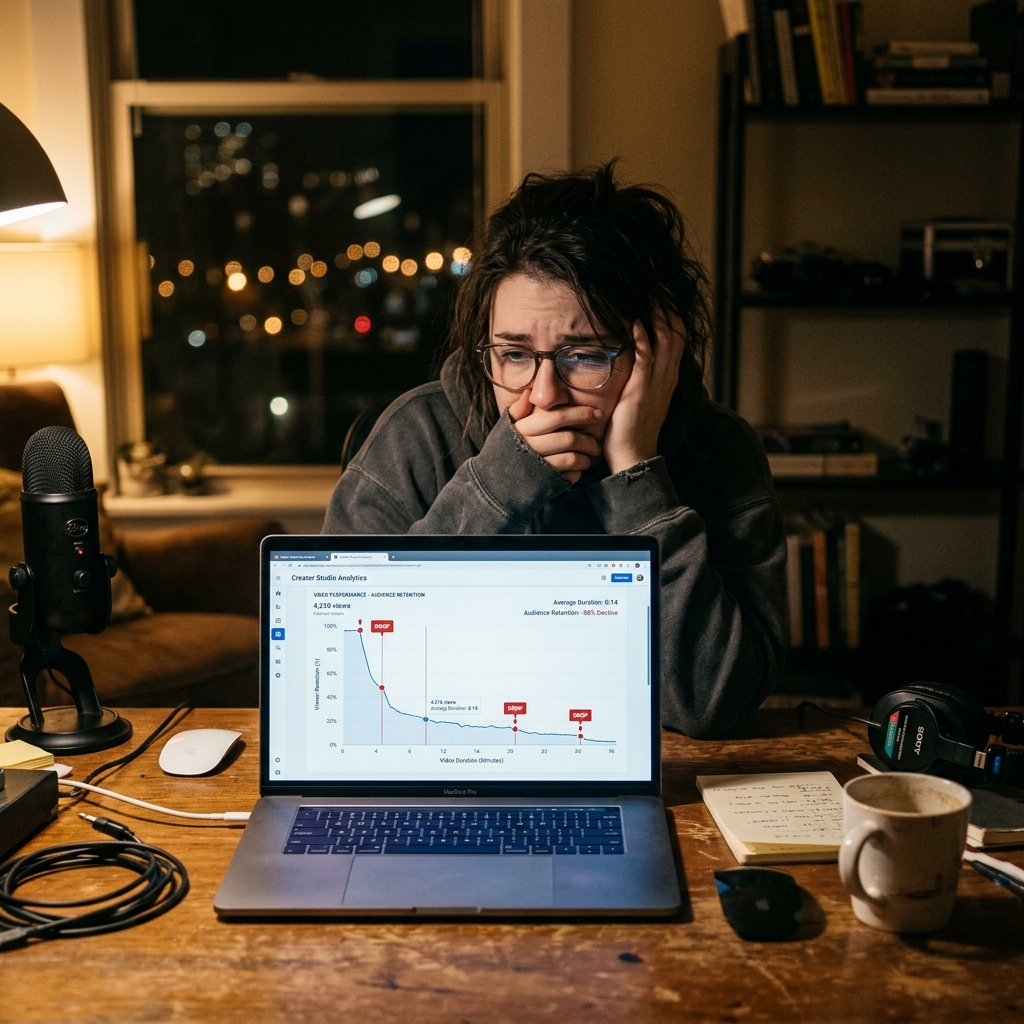 A person looking disappointed at a laptop screen showing a steep drop in viewer retention analytics