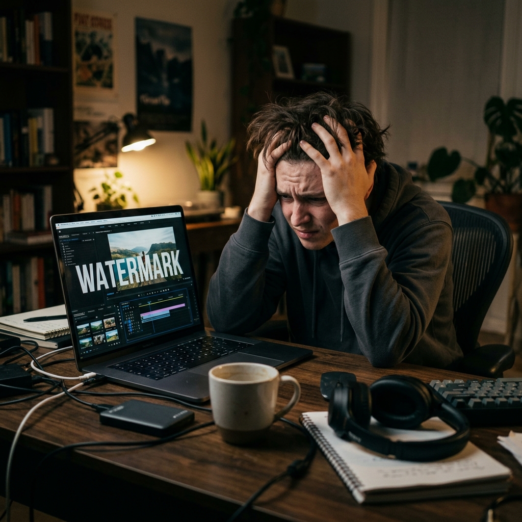 A person looking incredibly annoyed while staring at a laptop screen with a giant watermark