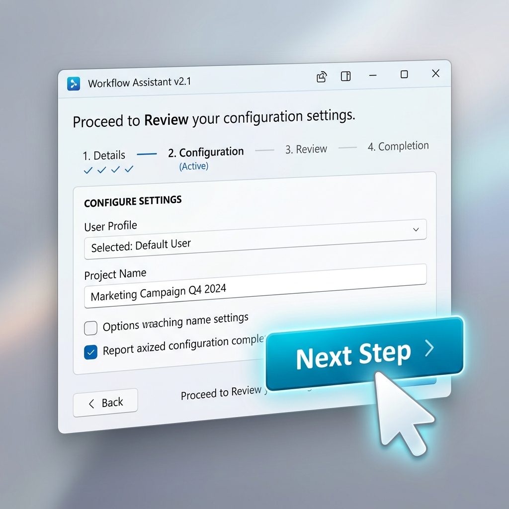 Close-up of a Windows software window with a beautifully highlighted, smooth mouse cursor pointing clearly at a 'Next Step' button