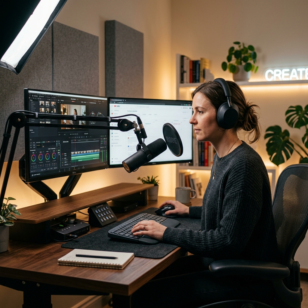 A professional content creator sitting at a clean, modern desk in a well-lit home studio