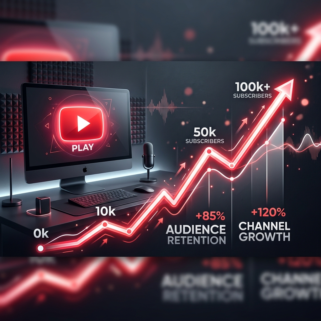 A stylized graphic showing a YouTube analytics line graph trending upward